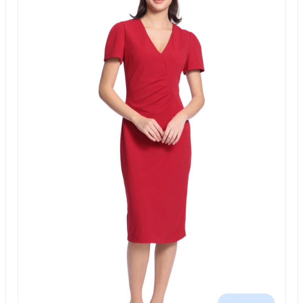 Maggy London Santini, a flirty midi silhouette with a v-neck and side ruching.